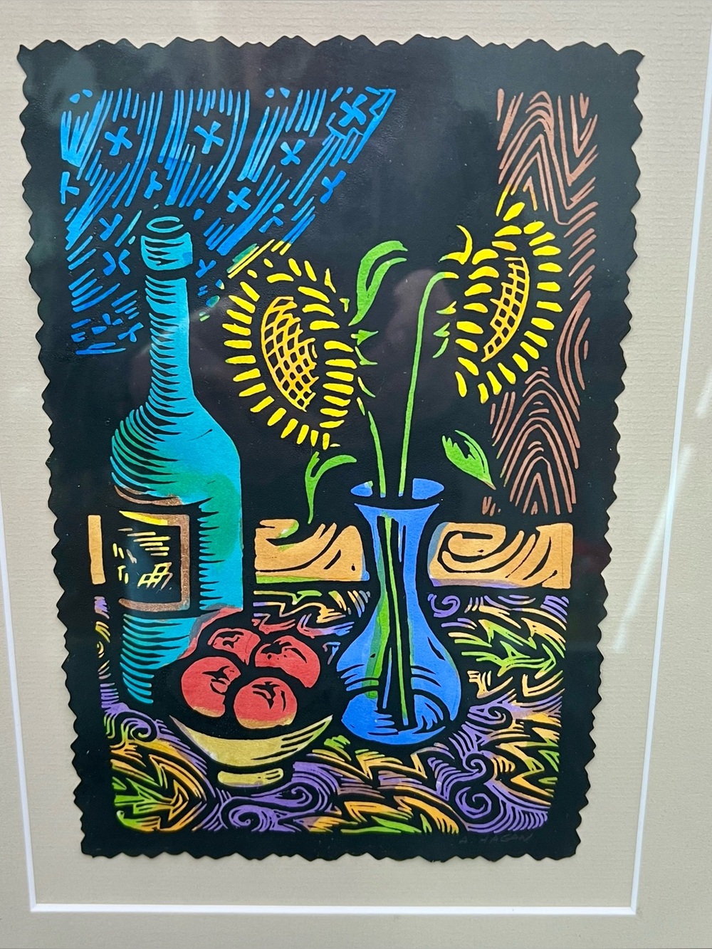 Sunflowers Still Life Original Art, Linocut & Acrylic, Signed Matted Framed